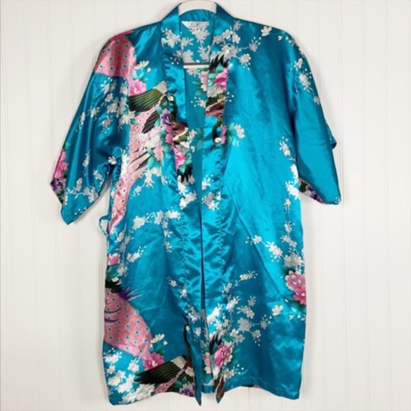 Zhong Sang 100% Satin Silky Kimono Duster Robe Open Front Floral Peacock Design - Picture 14 of 14